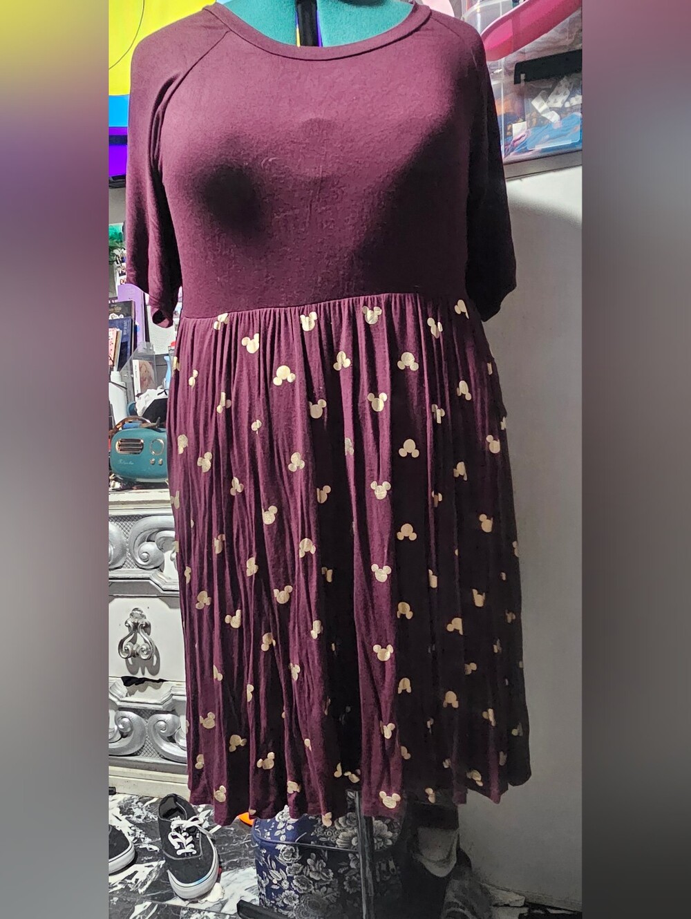 Disney Burgundy Dress with Gold Mickey Print